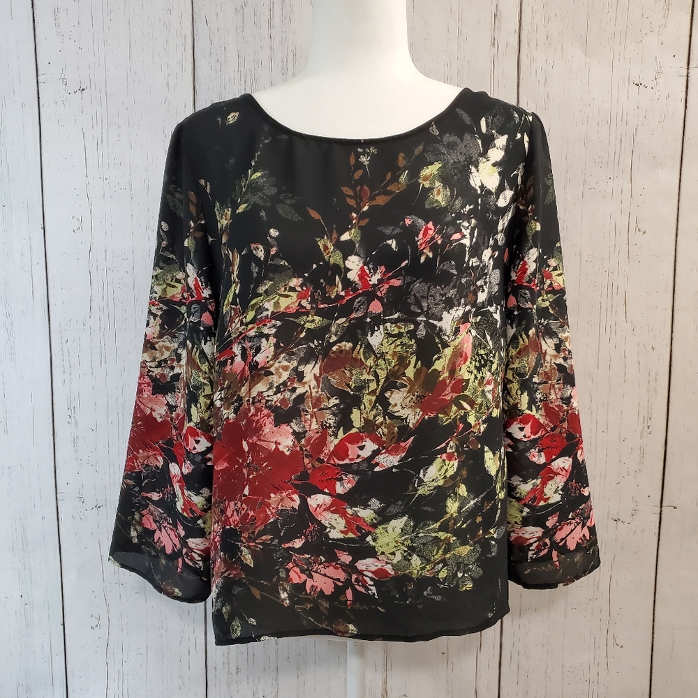 Rose + Olive Red and Black Floral Blouse